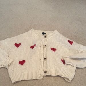 Cream Heart Pattern Cropped Cardigan Sweater - Red Hearts